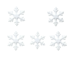 Five white, intricate, six-pointed crystalline snowflake decorations