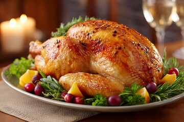 Golden brown rotisserie chicken surrounded by roasted carrots, potatoes, and herbs