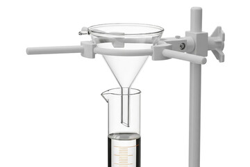 Scientific laboratory filtration setup with glass funnel and stand isolated with transparent background