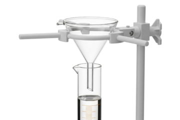 Scientific laboratory filtration setup with glass funnel and stand isolated with transparent background