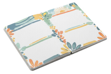 Open notebook with dot grid pages and colorful floral borders isolated with transparent background
