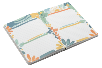 Open notebook with dot grid pages and colorful floral borders isolated with transparent background