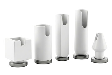 Set of five white ceramic bathroom toothbrush head holders on stands isolated with transparent background