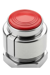 Large red industrial push button switch with silver metal housing isolated with transparent background