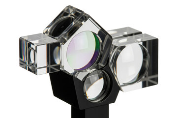 Complex optical glass prism assembly with beam splitters and lenses isolated with transparent background