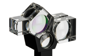 Complex optical glass prism assembly with beam splitters and lenses isolated with transparent background