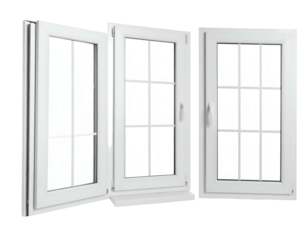 Three white casement windows, two open, one closed