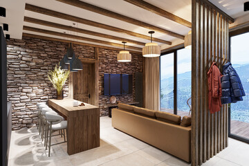 Living room with stone in an ethnic style interior in a mountainous area