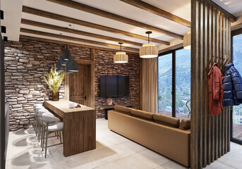 Living room with stone in an ethnic style interior in a mountainous area