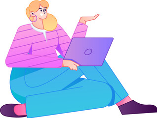 Vector flat gradient illustration of a person working on a computer while working remotely.

