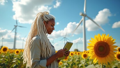 Woman with tablet in sunflower field near wind turbines. She works on green energy project managing farm data. Renewable power generation in nature.