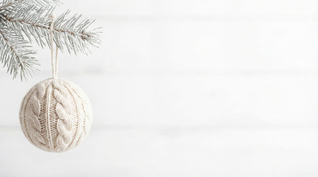 White knitted Christmas bauble hanging on green pine branch with copy space. Demonstrating Color of the Year 2026 - Cloud Dancer.