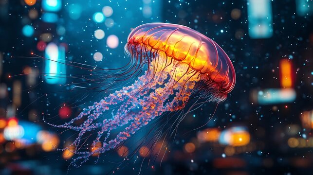 Explore the depths with this box jellyfish drifting in a vibrant ocean setting, showcasing its detailed tentacles and mesmerizing bioluminescence. A captivating underwater scene. 164 characters