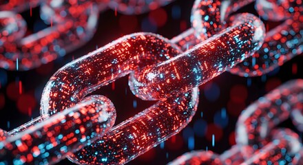 Digital metal chain links with glowing red and blue data binary code. High quality 3d illustration suitable for blockchain, cryptocurrency, and cyber security connection concepts.