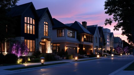 Residential street with homes lit at dusk in suburban area