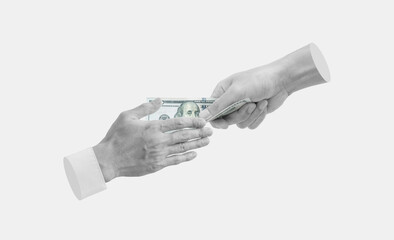 Hand giving and receiving cash, isolated on white background. Dirty money