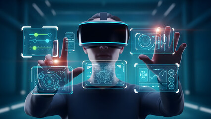 Immersive virtual reality experience showing the user interacting with a digital interface in a futuristic setting