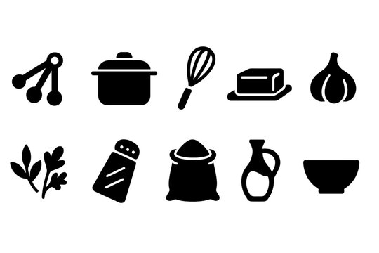 Cooking and kitchen silhouette icon set. Essential cooking tools and ingredients collection