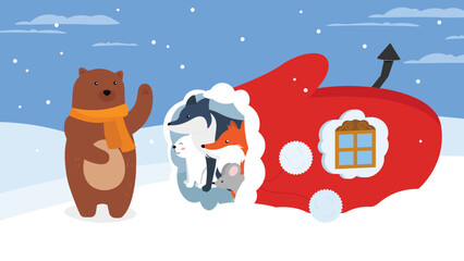 Christmas card with bear, fox, dog and house. Vector illustration
