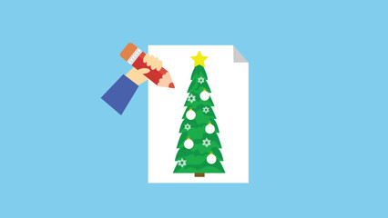 Christmas tree and hand holding a paint brush. Vector flat illustration.