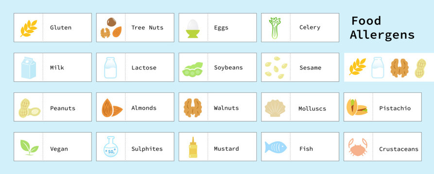 Food allergens set icon. Icons designed to represent the major food allergens clearly and effectively. The outline icons are well scalable and editable, good for different backgrounds. EPS10.