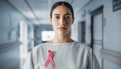 Young woman at hospital with pink ribbon, breast cancer awareness month symbol.