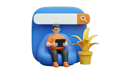 3D Man Searching Online on Tablet in Cozy Space