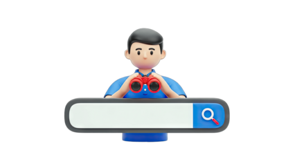 3D Man Searching with Binoculars on Search Bar