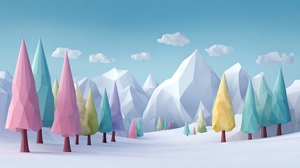 Obraz premium Low poly winter landscape featuring geometric snow-covered mountains and trees