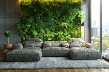 Contemporary Living Room Interior with Vertical Garden, Large Sofa, and City View
