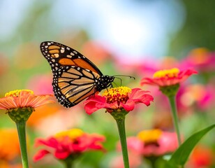 Obraz premium Monarch butterfly perched atop a vibrant red zinnia flower, surrounded by a bokeh filled flower garden