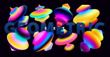 Set of oval colorful  geometric shapes. Collection of iridescent abstract gradient forms.