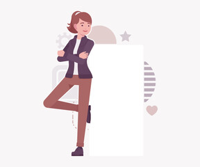 Attractive active beautiful girl young adult woman, promoting lean pose. Female model, ponytail hairstyle, activewear jacket, suit pants, vector flat style cartoon illustration, creative background