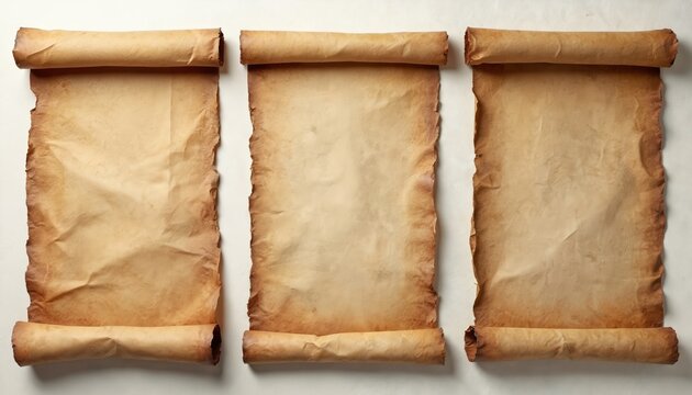 Three old scrolls with textured brown paper and frayed edges. Unrolled documents lay flat on a light background. Useful for historical or fantasy themes.