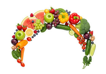 Assorted fruits and vegetables arranged isolated on transparent background