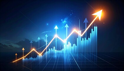 Financial Growth Visualization: An abstract representation of financial progress, with ascending arrows and data bars illuminating the concepts of growth and progress.