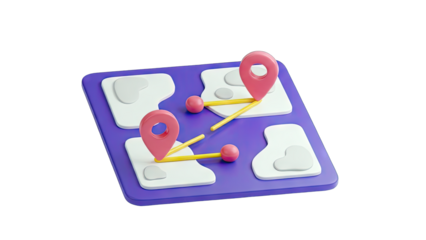 3D Map with Location Pins and Route Visualization