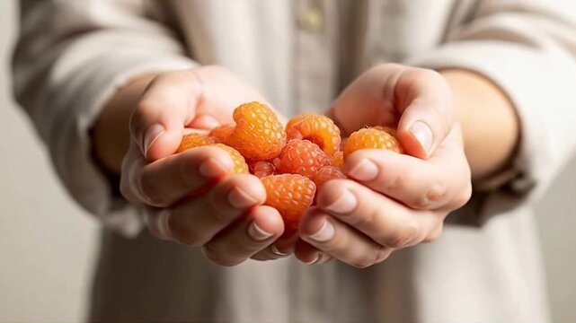 Palms hold orange raspberry, decreasing gradually. It represents offering, generosity, decrease, nutrition, harvest, abundance, natural product, and summer fruit