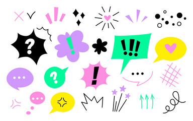 Anime emotion effects and colorful speech bubbles set. Line movement vector element. Bright pack of arrows, expression signs, action lines, exclamation marks. Vector illustration. Doodle anime icons