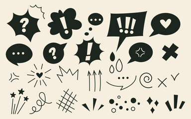 Anime emotion effects and black speech bubbles set. Line movement cool vector elements. A pack of arrows, expression signs, action lines, exclamation marks. Vector illustration. Doodle anime icons