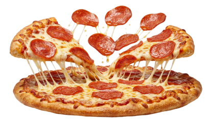 A thin-crust pizza with pepperoni slices and cheese suspended mid-air above the base.