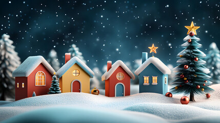Fototapeta premium Colorful houses in a snowy winter village with Christmas trees, ideal for Christmas greeting cards, holiday banner.