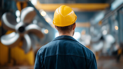 Faceless marine engineer in shipyard inspects large propeller, showcasing industrial environment, scene conveys sense of focus and dedication to maritime engineering, defocused wor