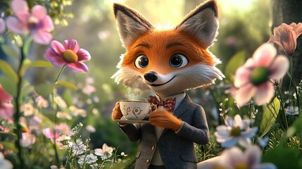 Charming Textile Fox Character in Blooming Flower Garden