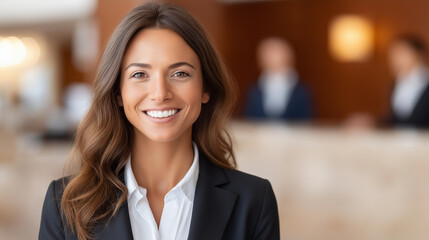 Fototapeta premium Faceless image of smiling woman working at hotel reception or in hospitality industry, wearing suit looking at camera from front, professional service provider, defocused face, wit