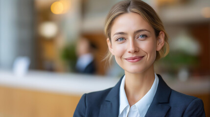 Obraz premium Faceless image of smiling woman working at hotel reception or in hospitality industry, wearing suit looking at camera from front, professional service provider, defocused face, wit