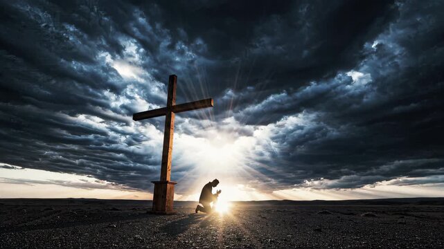a dramatic scene of a person kneeling in prayer beside a cross, powerful rays of light breaking through dark storm clouds, divine and spiritual atmosphere
