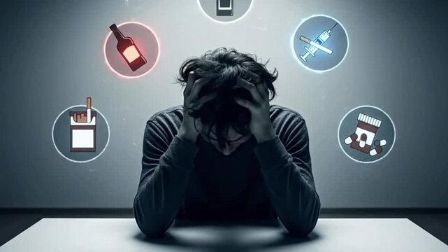 A distressed individual at a table, surrounded by icons representing substance use, illustrating struggle, dependence, addiction, and mental health issues