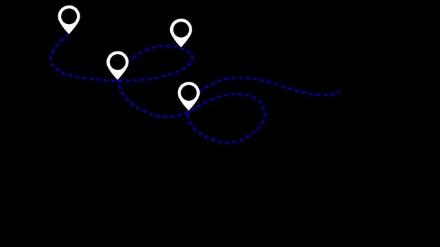 route path icon is a dotted line. A route with a starting point of departure and intermediate stops.Airplane fly on dash line path bottom left. Dashed .