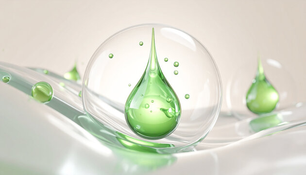 透明な球体に包まれたCICA由来のグリーン美容成分分子イメージ｜オーガニック・ナチュラルスキンケア・敏感肌・先端美容科学｜Green CICA-derived beauty ingredient molecule encapsulated in a transparent sphere｜Organic natural skincare, sensitive skin